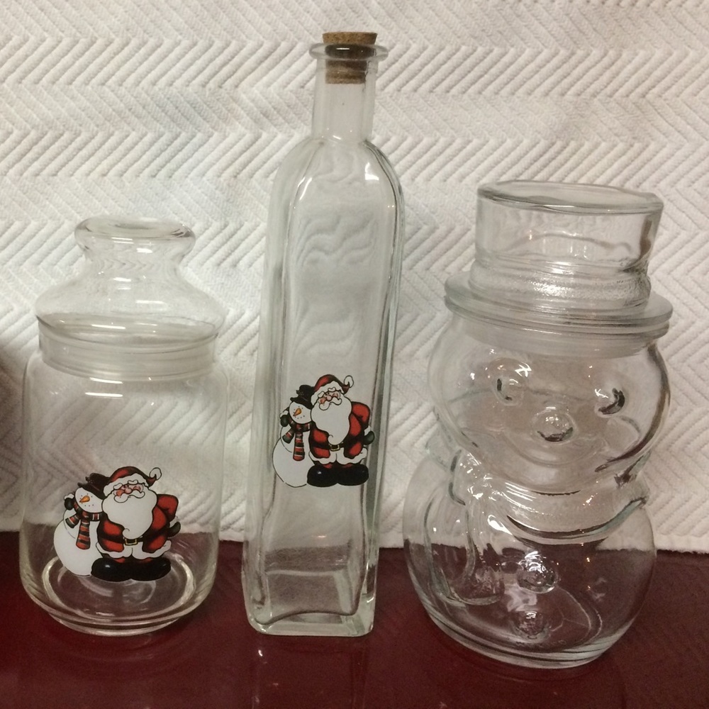 New Christmas Jars 4-Piece Bundle Glass Bottle Holiday Winter Snowman Santa